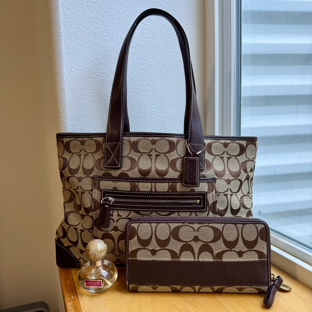 Coach Brown and Tan Tote Bag with Wallet